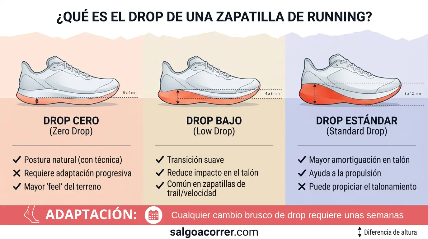 Comparativa visual de drop cero (0-4 mm), drop bajo (4-8 mm) y drop est&aacute;ndar (8-12 mm) con ventajas e inconvenientes de cada categor&iacute;a
