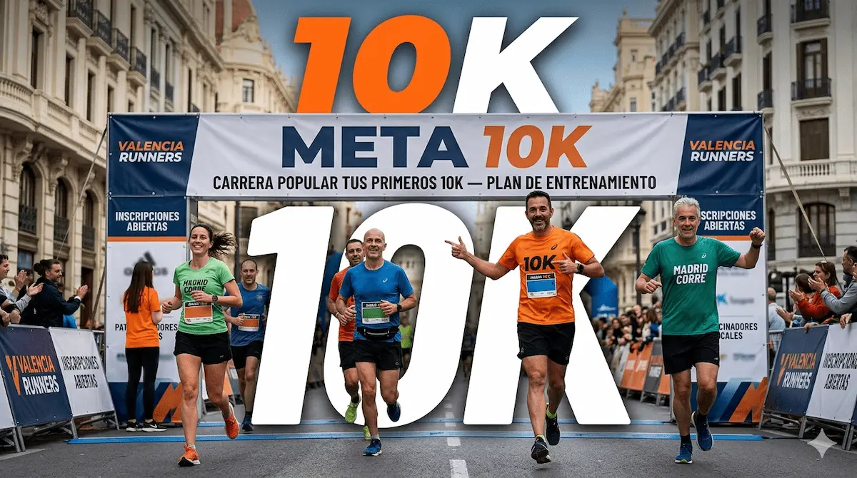 Grupo de corredores españoles cruzando la meta de una carrera de 10K, con pancartas de "META 10K" y "PLAN DE ENTRENAMIENTO" en castellano.