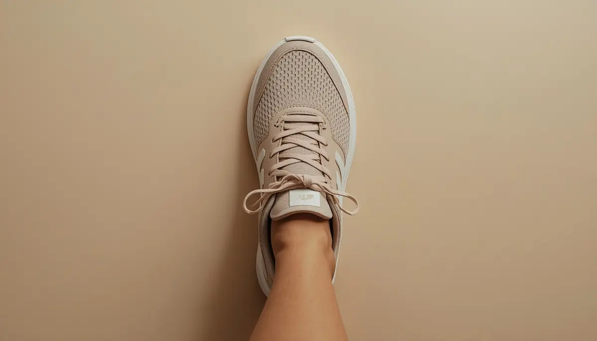 Cinco zapatillas de running para pies anchos dispuestas en abanico sobre suelo de madera clara, vista cenital