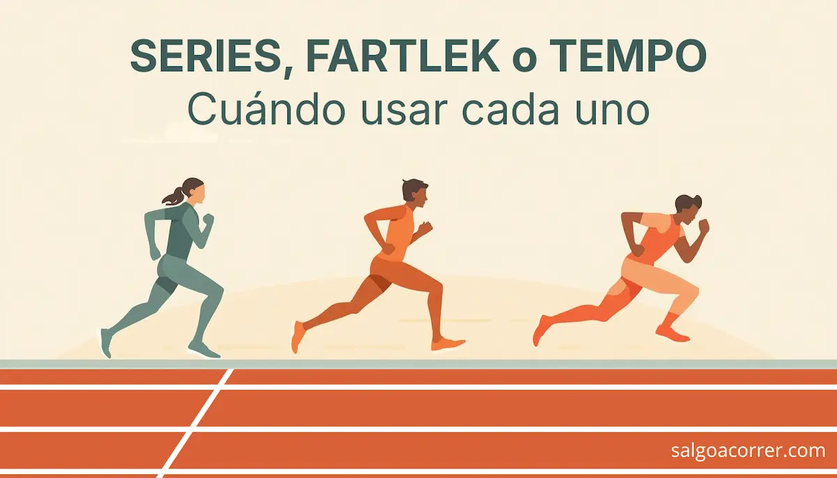Tres corredores en pista de atletismo ilustrando series, fartlek y tempo como tres tipos de entrenamiento.
